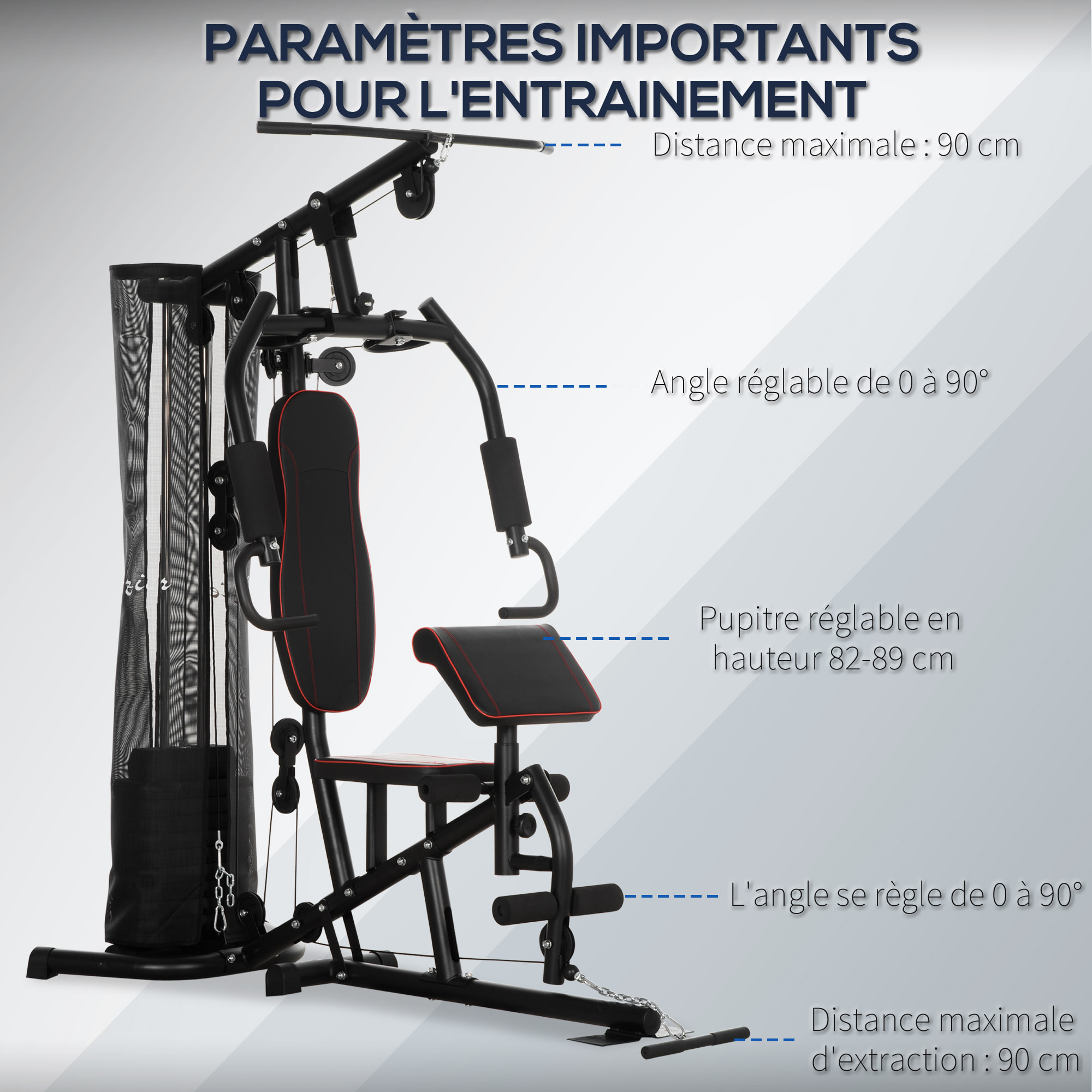 Station de musculation - entrainement complet - développé couché, butterfly, barre latissimus, curler, bande résistance, 10 contrepoids - acier noir rouge