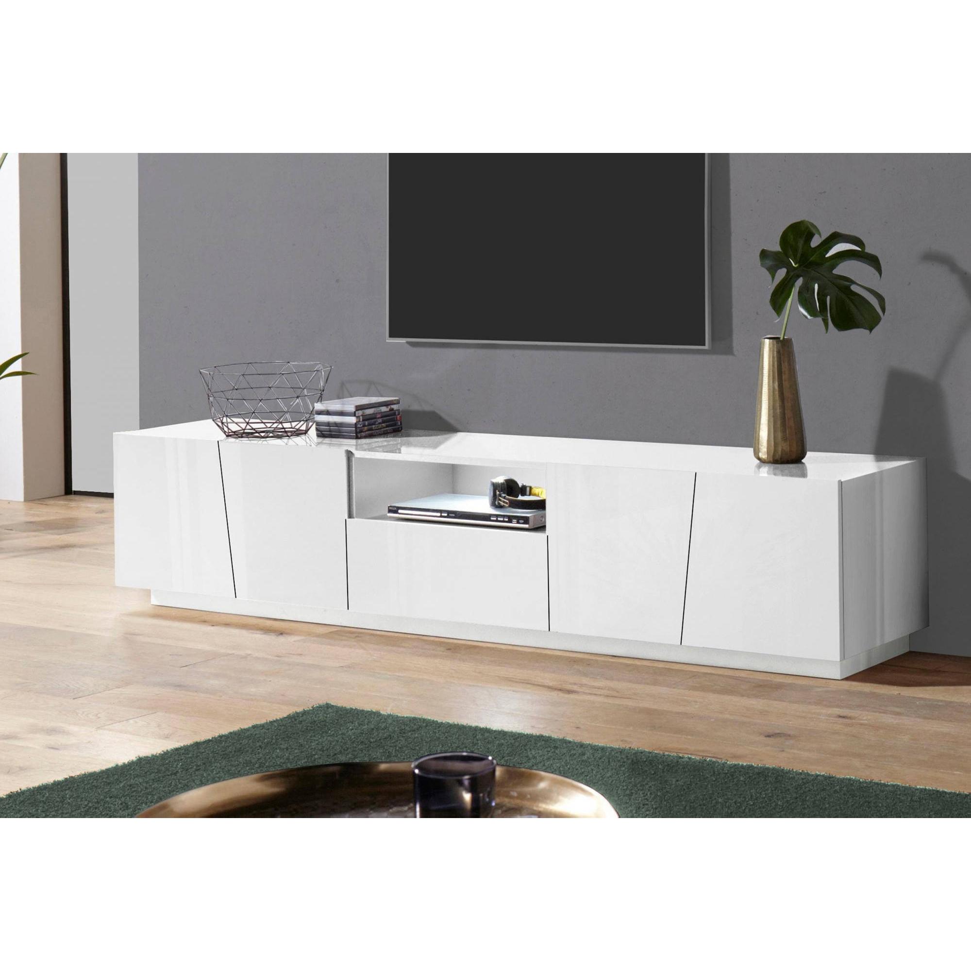 Mobile da soggiorno Porta TV, Made in Italy, Supporto per TV da salotto a 4 ante e 1 cassetto, cm 220x43h46, colore Bianco lucido, con luce LED bianca