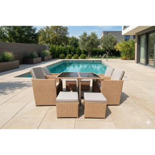 Salon de jardin résine tressée naturel 8 places LOUISIANE