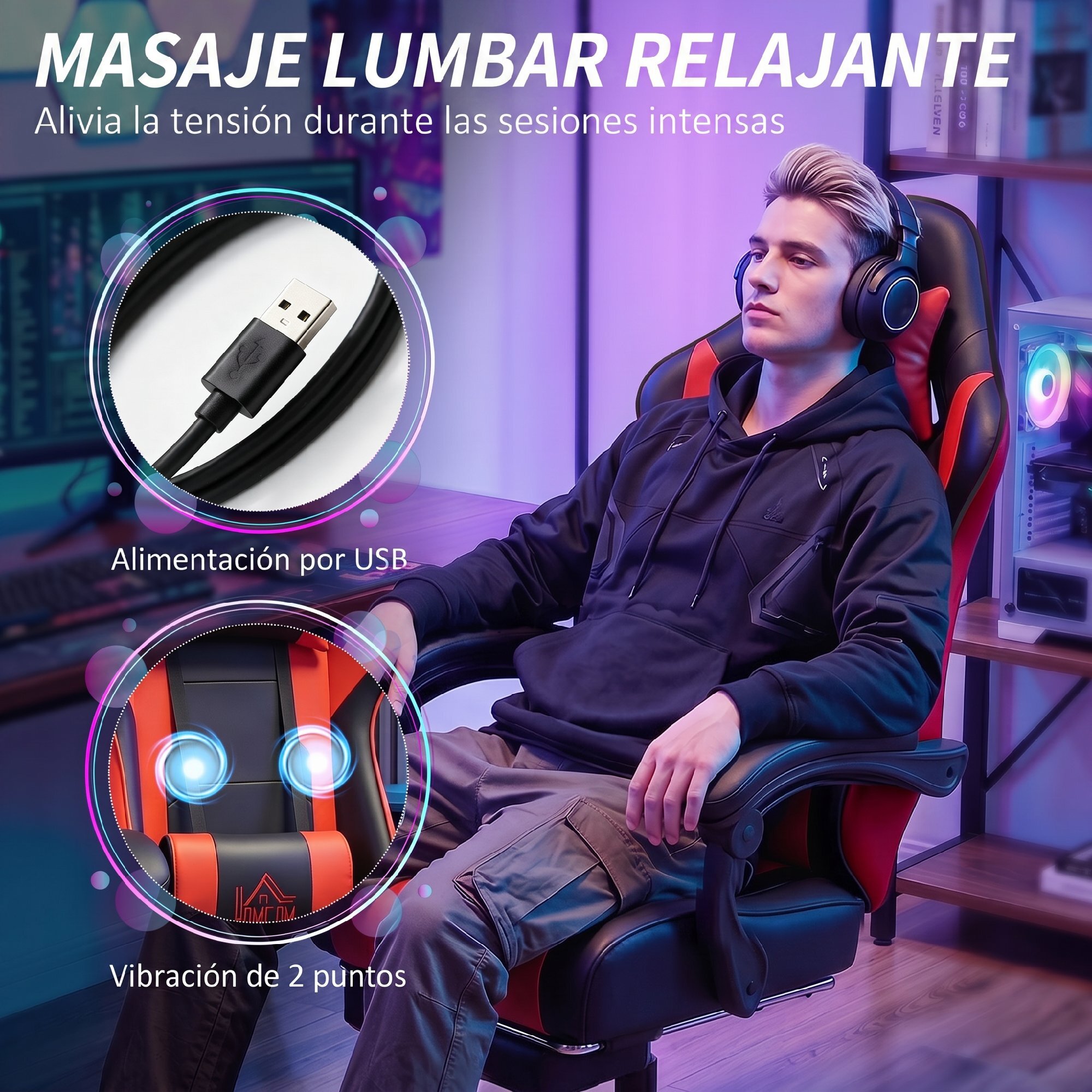 Silla Gaming Ergonómica, Silla Gamer con Lumbar Masaje Vibración, Reclinable 155°, Altura Ajustable, Reposacabezas y Reposapiés Retráctil, para Oficina, Estudio, Rojo