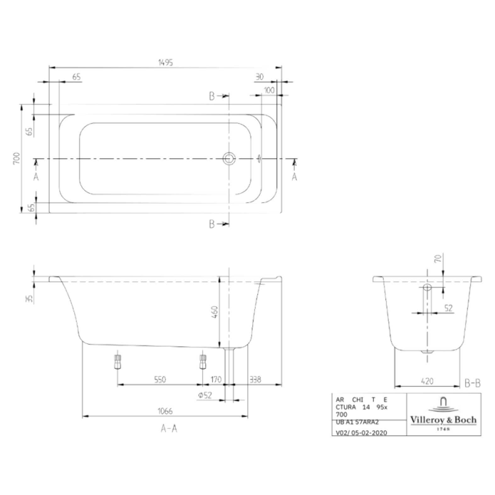 Baignoire droite VILLEROY & BOCH Architectura avec pieds acrylique 150 x 70 cm  + Pare bain gauche AURYS Raywall Noir mat