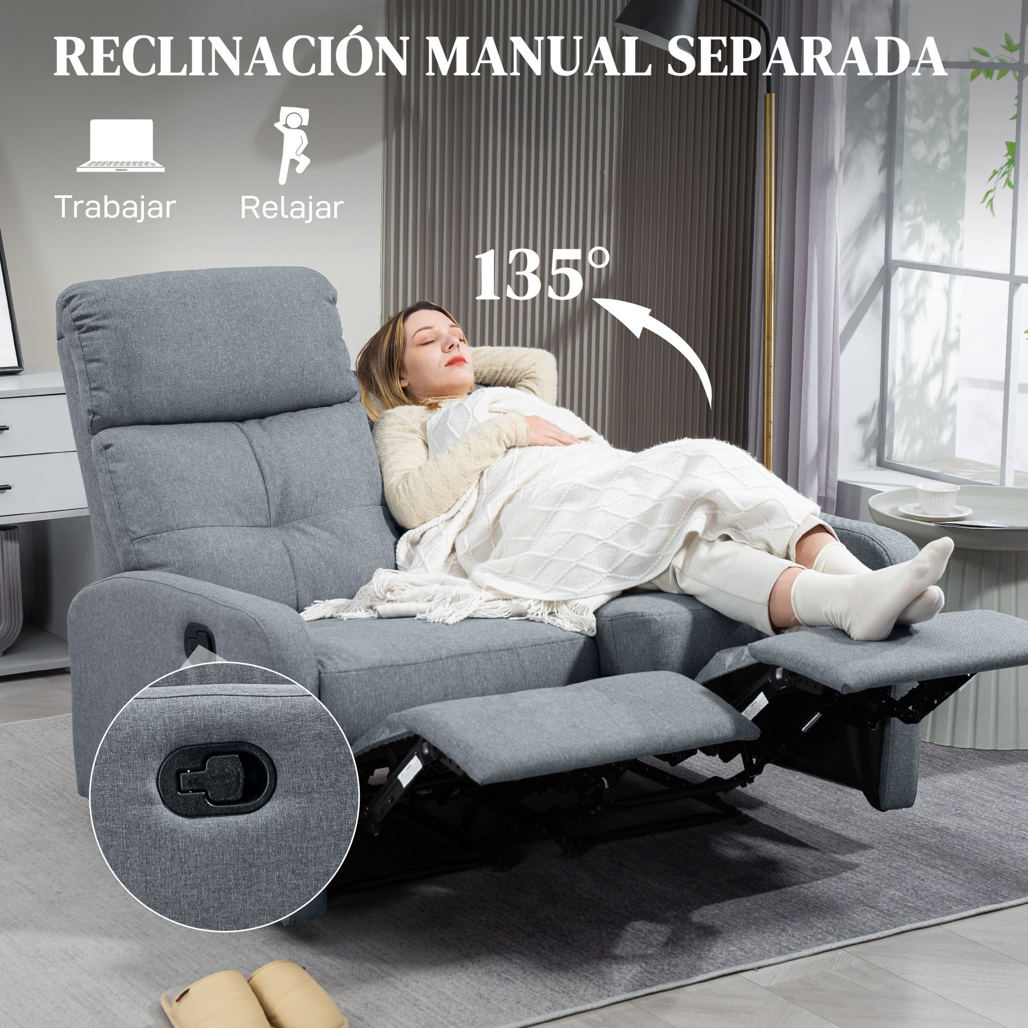 Sofá de 2 Plazas Reclinable Manual Sofá Relax Tapizado en Lino con Respaldo Ajustable por Separado Reposapiés Muelles Ensacados y Acolchado Grueso para Dormitorio Salón 118x95x101 cm Gris