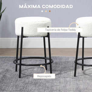 Conjunto de 2 Taburetes Altos de Cocina Tapizado en Borreguito Sillas Altas de Cocina sin Respaldo Carga 120 kg para Bar Salón Comedor Blanco