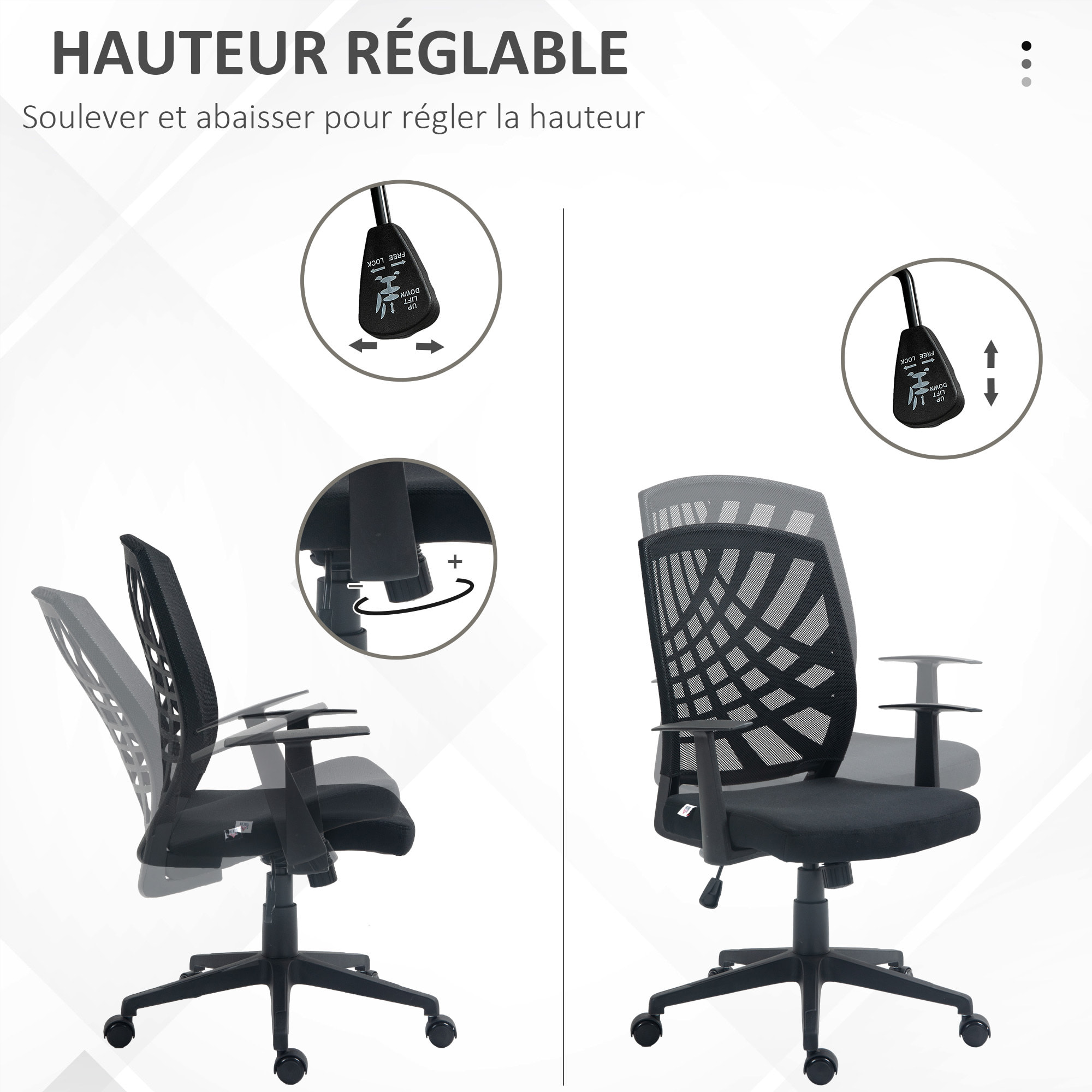 Chaise de bureau design ergonomique réglable accoudoirs maille noir