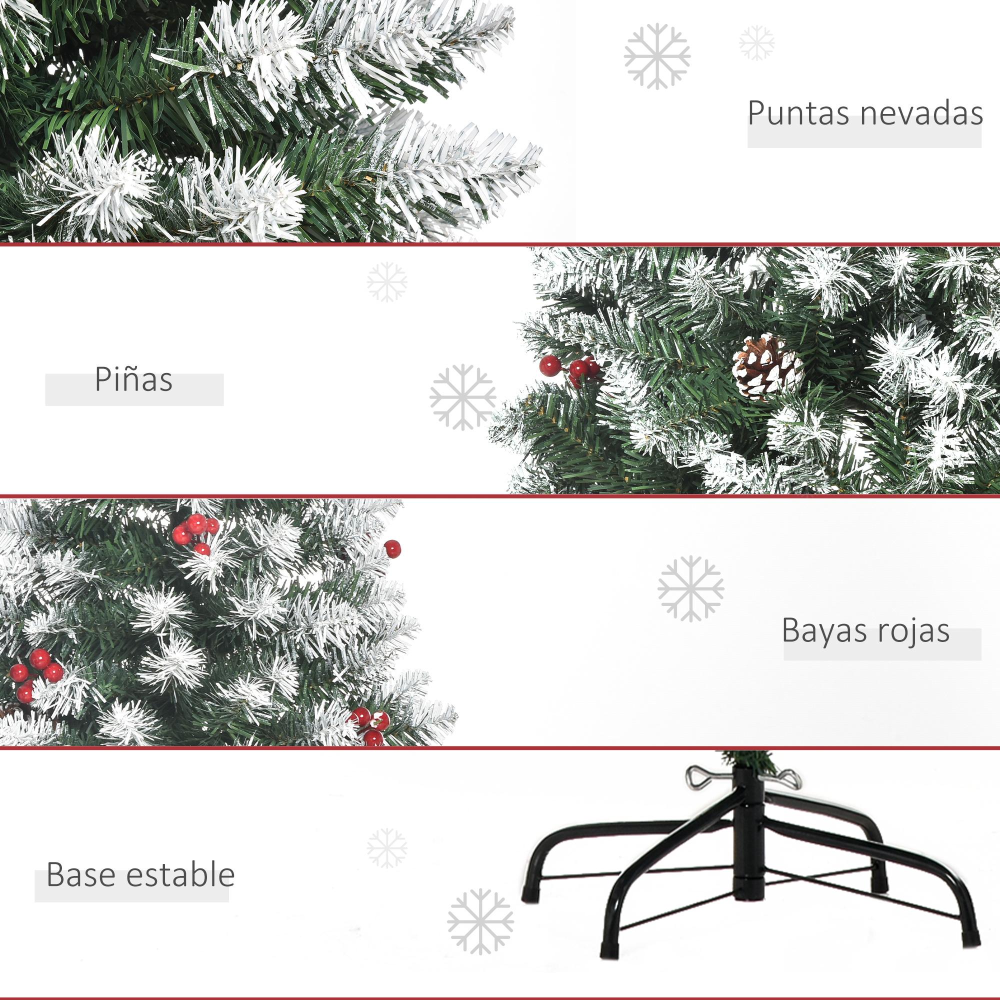 Árbol de Navidad Artificial Plegable 180 cm con Nieve Ignífugo con 618 Ramas 30 Bayas 34 Piñas Hojas de PVC Apertura Automática y Soporte Metálico Decoración Navideña para Interior Verde