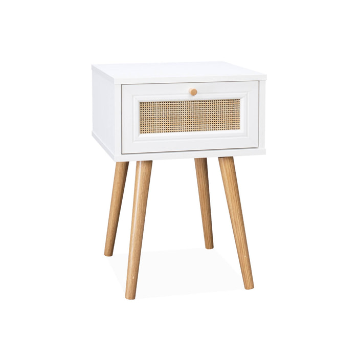 Table de chevet effet bois & cannage avec 1 tiroir - coloris blanc - Bohème