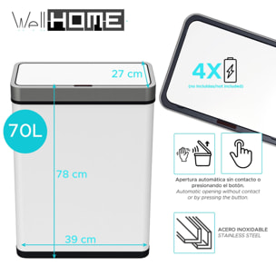 Well home cubo de basura color blanco en acero inoxidable con sensor automático y filtro antiolor.