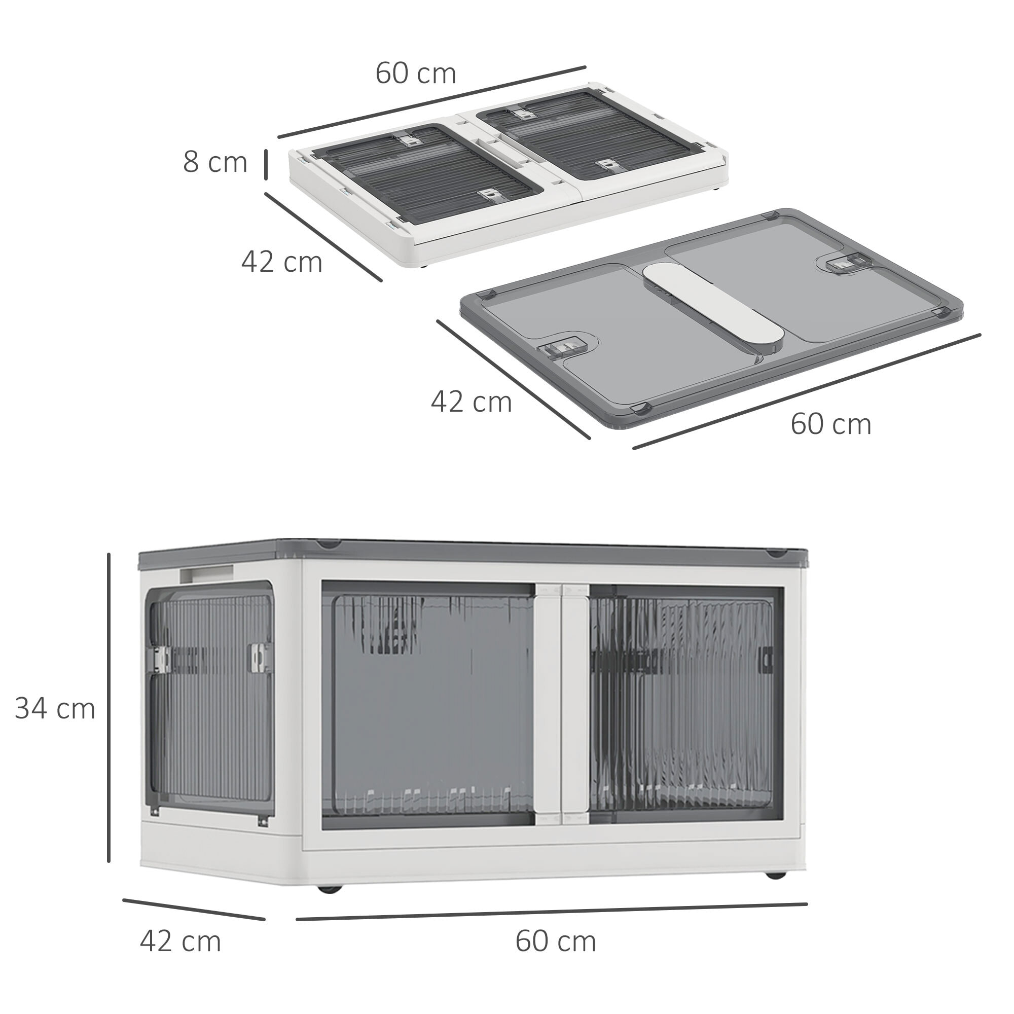 Ensemble de 3 boîtes de rangement 69L pliables empilables - couvercle, roulettes - blanc gris