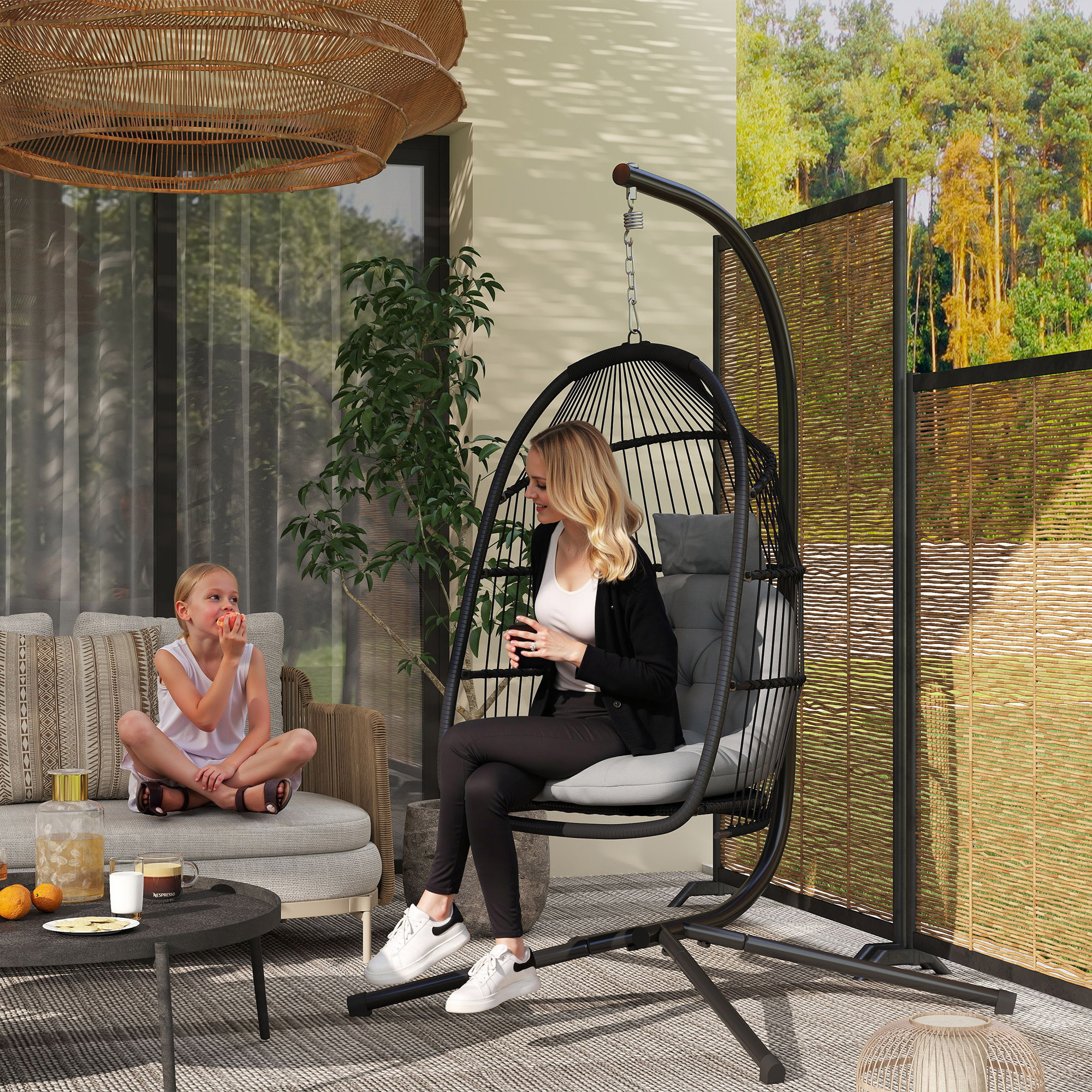 Silla Colgante Huevo con Soporte, Columpio Jardín Exterior con Cesta Plegable, Cojín Anti-UV y Reposacabezas Desmontable para Interior y Exterior, Carga 150 kg, Gris Oscuro