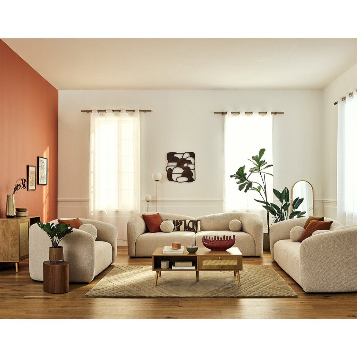 Goto - table basse - effet bois et cannage - 1 tiroir et 1 niche - 110 cm - Bois