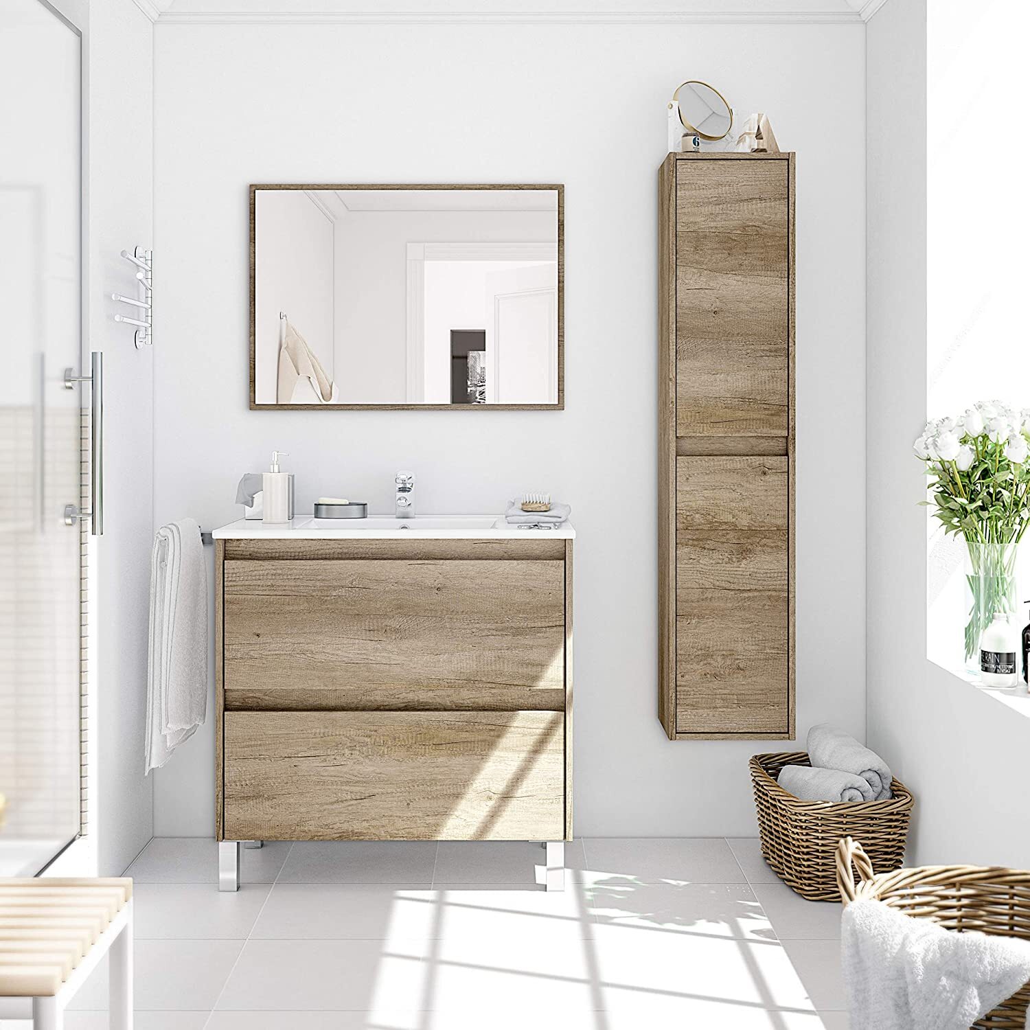 Mobile Bagno Sospeso Armadietto A Colonna Armadio Pensile 2 Ante 4 Ripiani Rovere Arredamento Bagno Nordico Moderno 30 x 25.5 x 140 cm Rovere Scuro