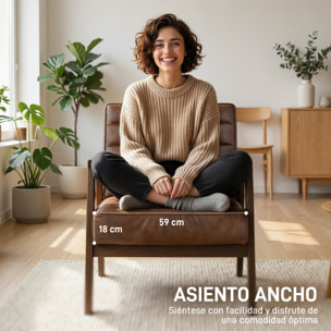 Butaca de Salón, Tapizado en PU, Sillón Lectura con Marco de Madera Maciza, Asiento Acolchado, Asiento Amplio, Butaca para Sala de Estar, Dormitorio, Marrón