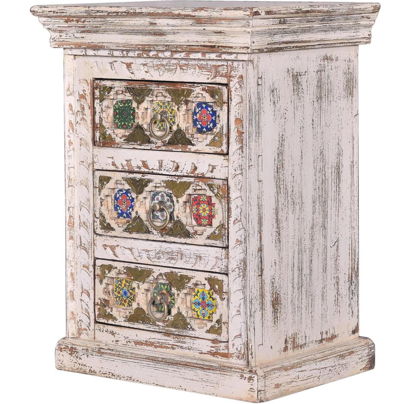 Mueble auxiliar - Madera de Mango, Cerámica y Bronce - 45x35x60cm