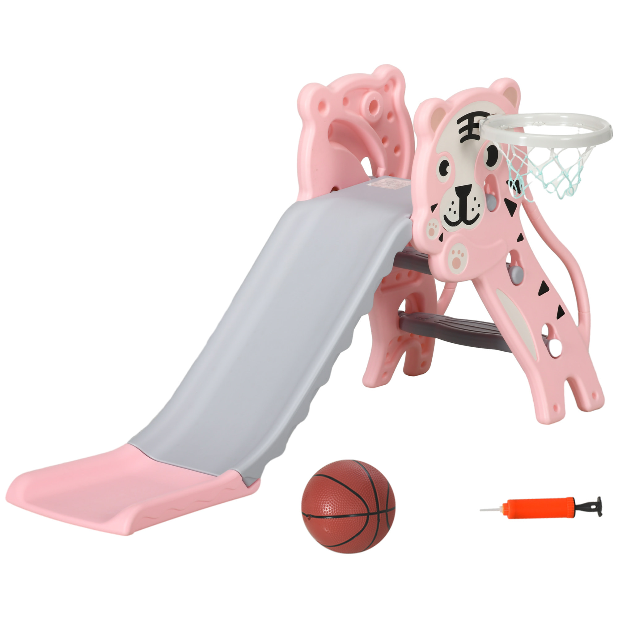 Tobogán Infantil 3 en 1 Tobogán para Niños de 18 a 36 Meses con 2 Escaleras 1 Canasta de Baloncesto y Patrón de Animal para Interior 133x60x70 cm Rosa y Gris