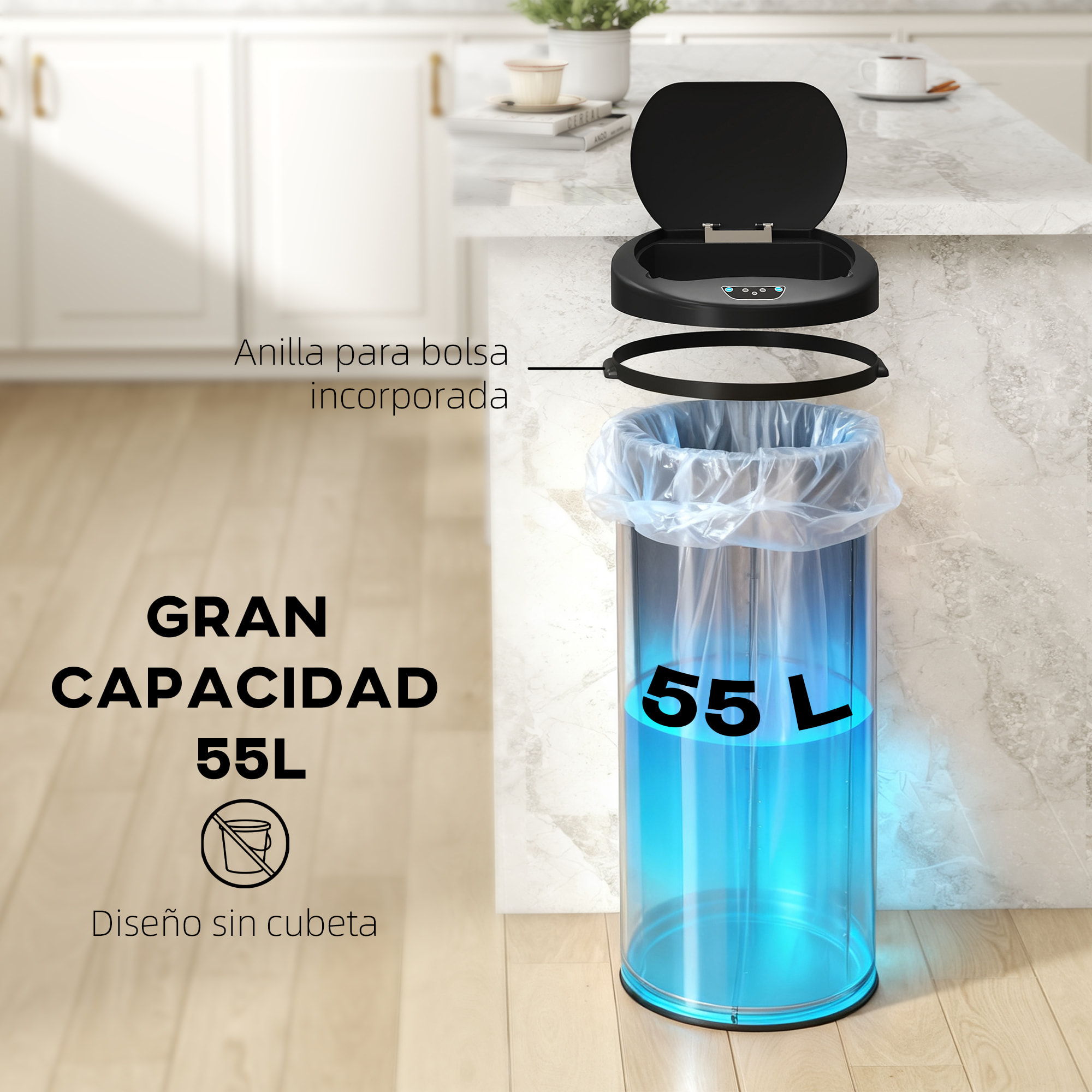 Cubo de Basura Cocina Automático 55 L, Papelera de Cocina de Acero Inoxidable con Sensor Infrarrojo, Cierre Suave y Anillo, Antihuellas, para Dormitorio, Oficina y Hogar, Plateado