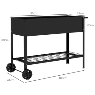 Jardinière sur pieds potager dim. 104L x 39l x 80H cm étagère 2 roues + insert d'irrigation métal noir