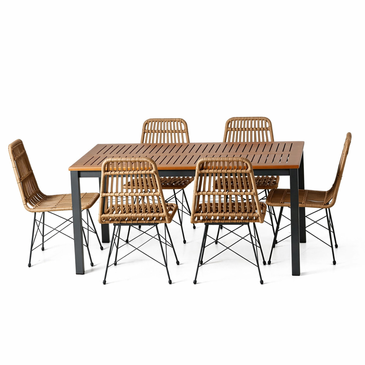 Salon de jardin 6 places avec table en bois naturel et chaises en résine tressée JAGNA