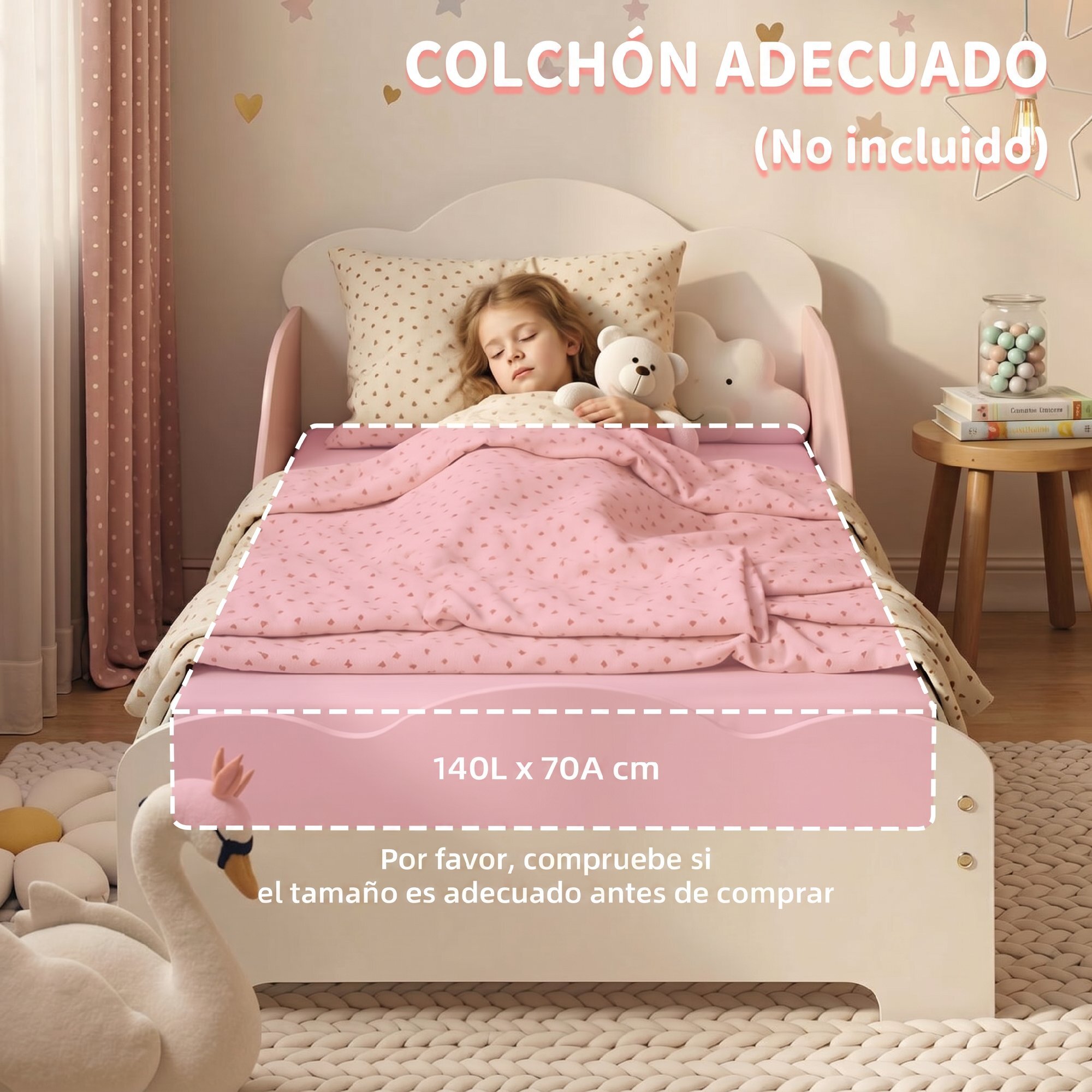 Cama Infantil, 70x140 cm, Cama Montessori con Barandillas Altas, Tema de Algodón de Azúcar, para Niños y Niñas de 3-6 Años, Rosa