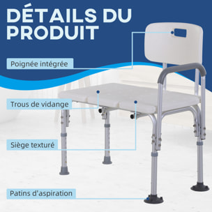 Chaise de douche siège de douche ergonomique hauteur réglable pieds antidérapants charge max. 136 Kg alu. HDPE blanc