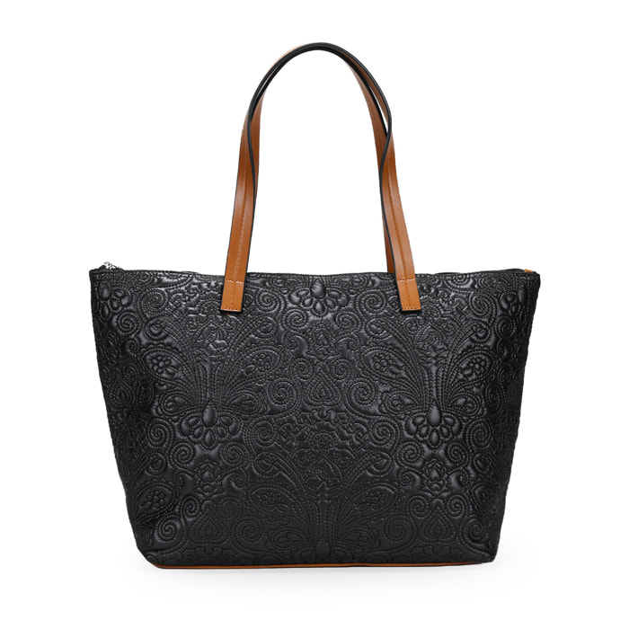 Bolso shopper negro con bordado floral y cremallera