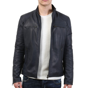 Giubbino in pelle di vitello tamponato Blu-Slim Fit