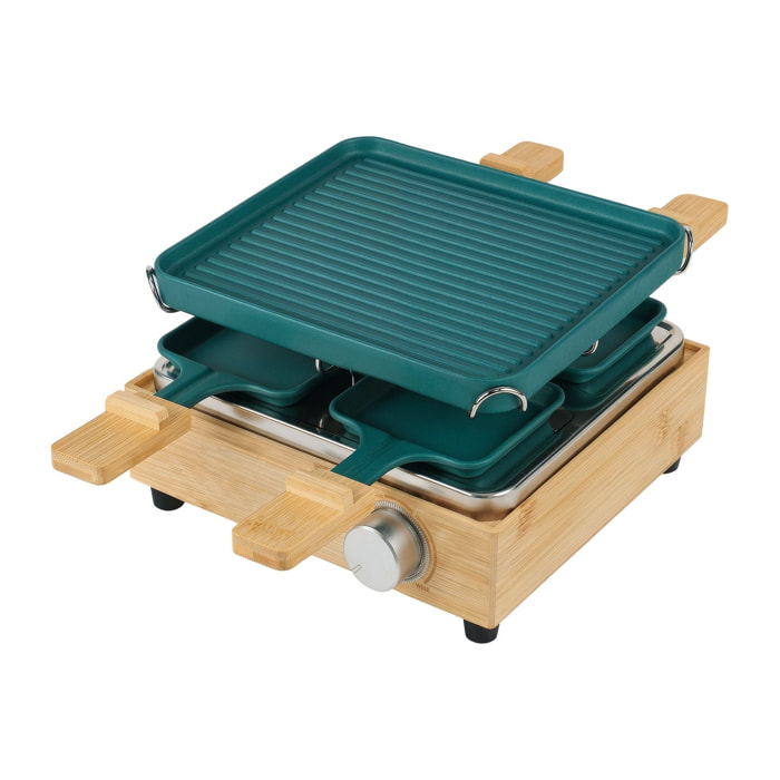 Appareil à raclette 4 personnes en aluminium bleu canard et bambou