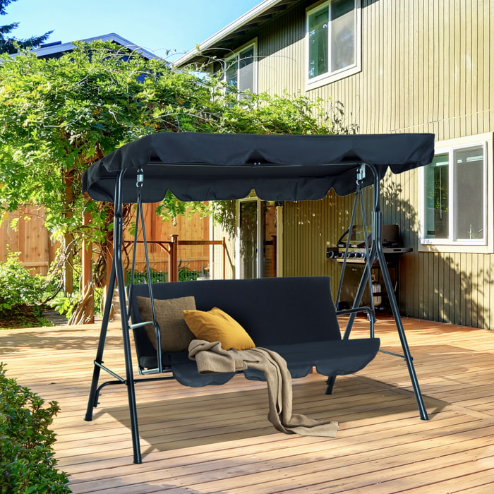 Columpio de Jardín de 3 Plazas Silla Balancín con Parasol Techo Ajustable en Ángulo Impermeable para Exterior Terraza Balcón Carga Máx. 200 kg Acero 172x110x153 cm Negro