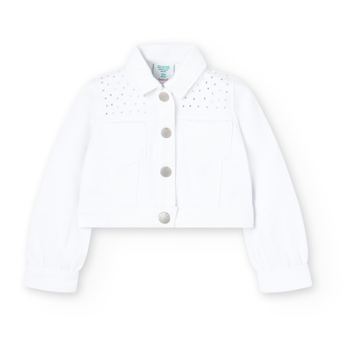 Cazadora niña, algodón lisa, blanco, cuello camisero, mangas