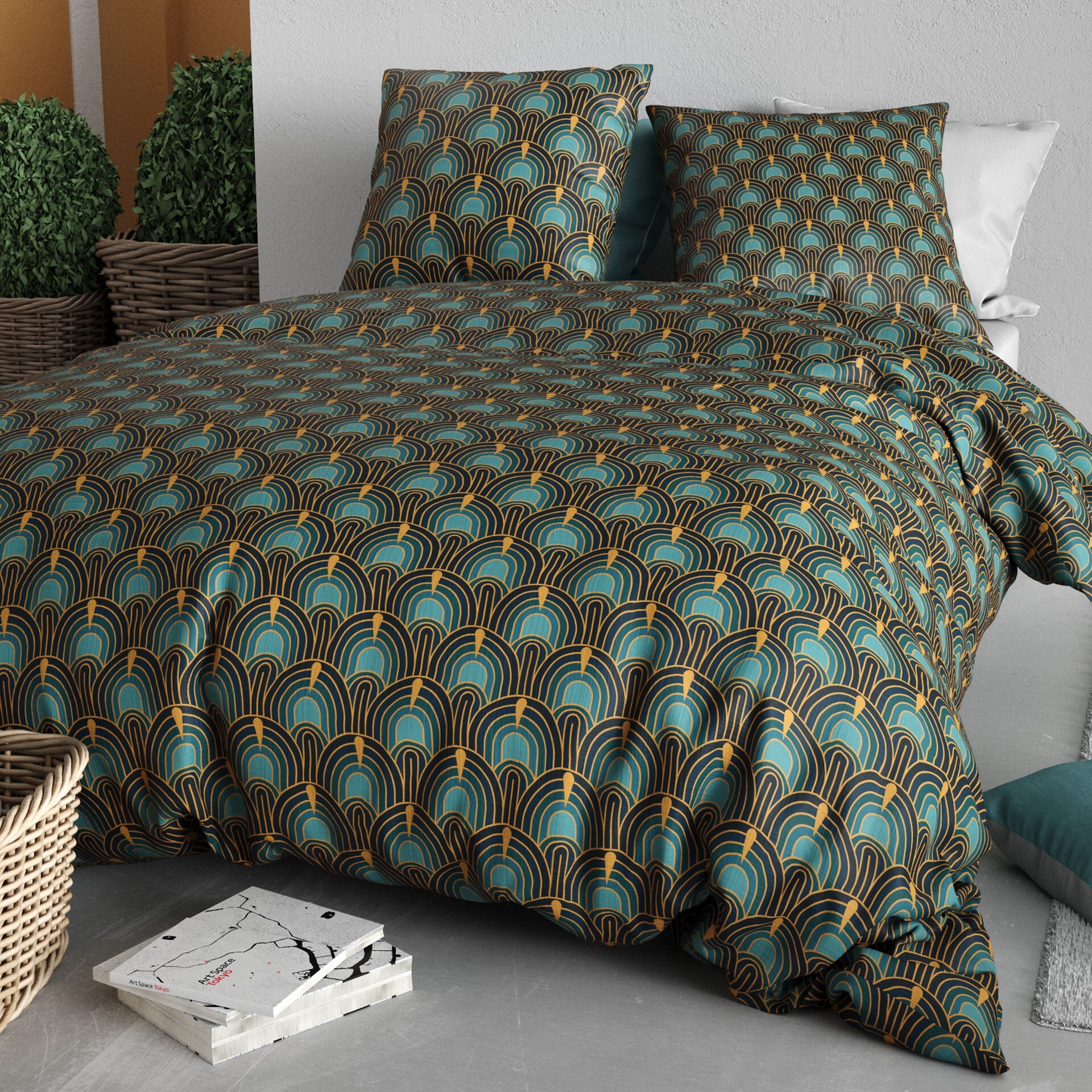 Parure housse de couette imprimée 220x240cm + 2 Taies 100% coton 57fils ROMANA