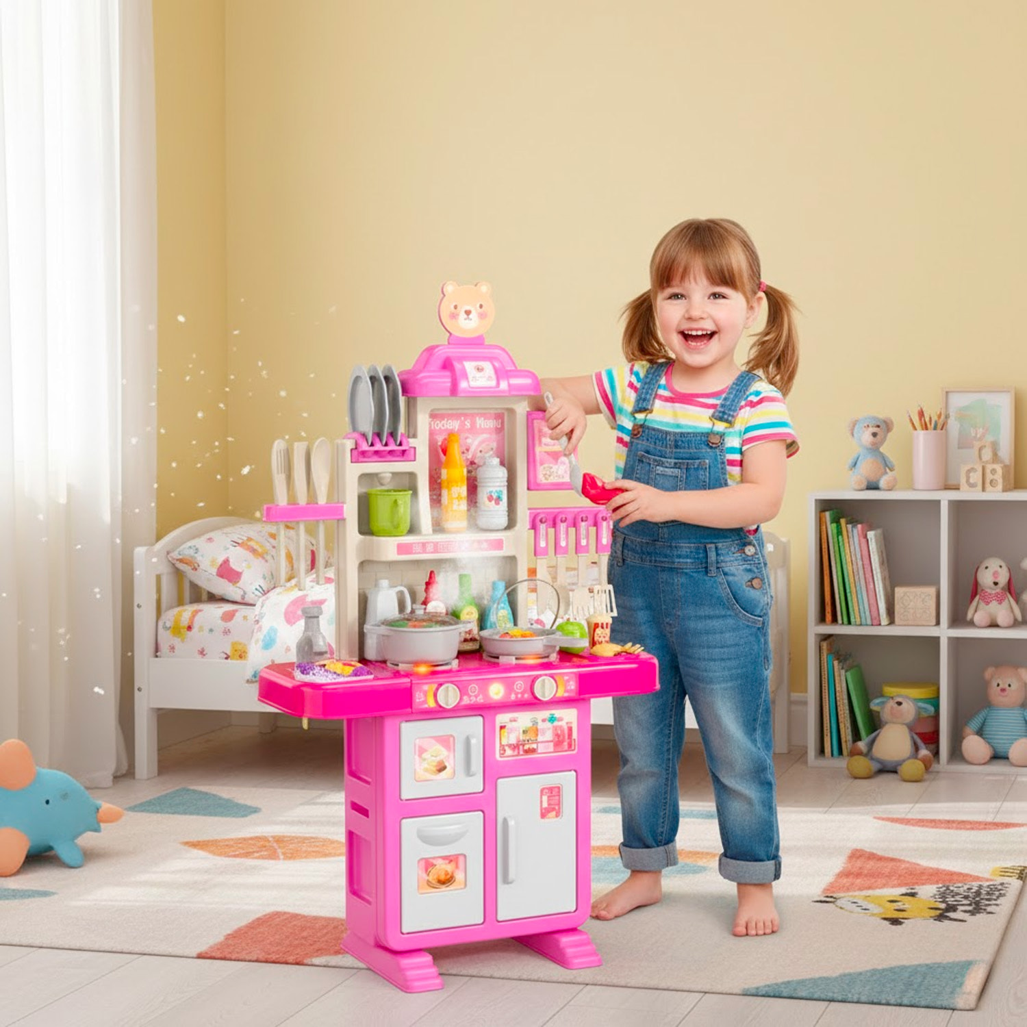 Cucina Giocattolo Per Bambini Con Luci E Suoni Realistici 69 Accessori Rubinetto Con Sistema Di Riciclo Dell'Acqua E Fornelli 3-5 Anni Rosa e Bianco