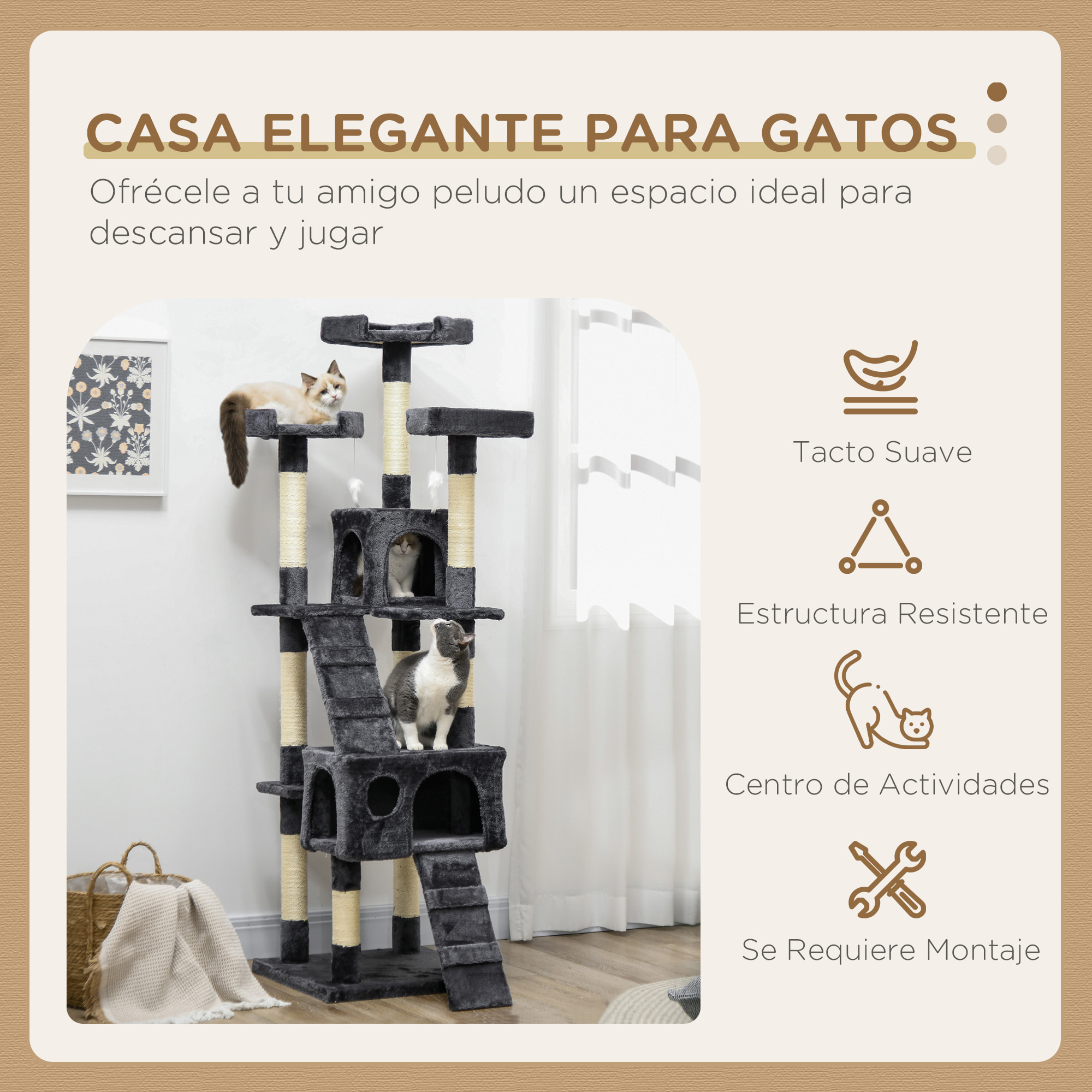 Árbol Rascador para Gatos Grande 49x49x173 cm con Múltiples Niveles con Cuevas Escaleras Juguetes Colgantes Camas Centro Actividades Sisal Beige