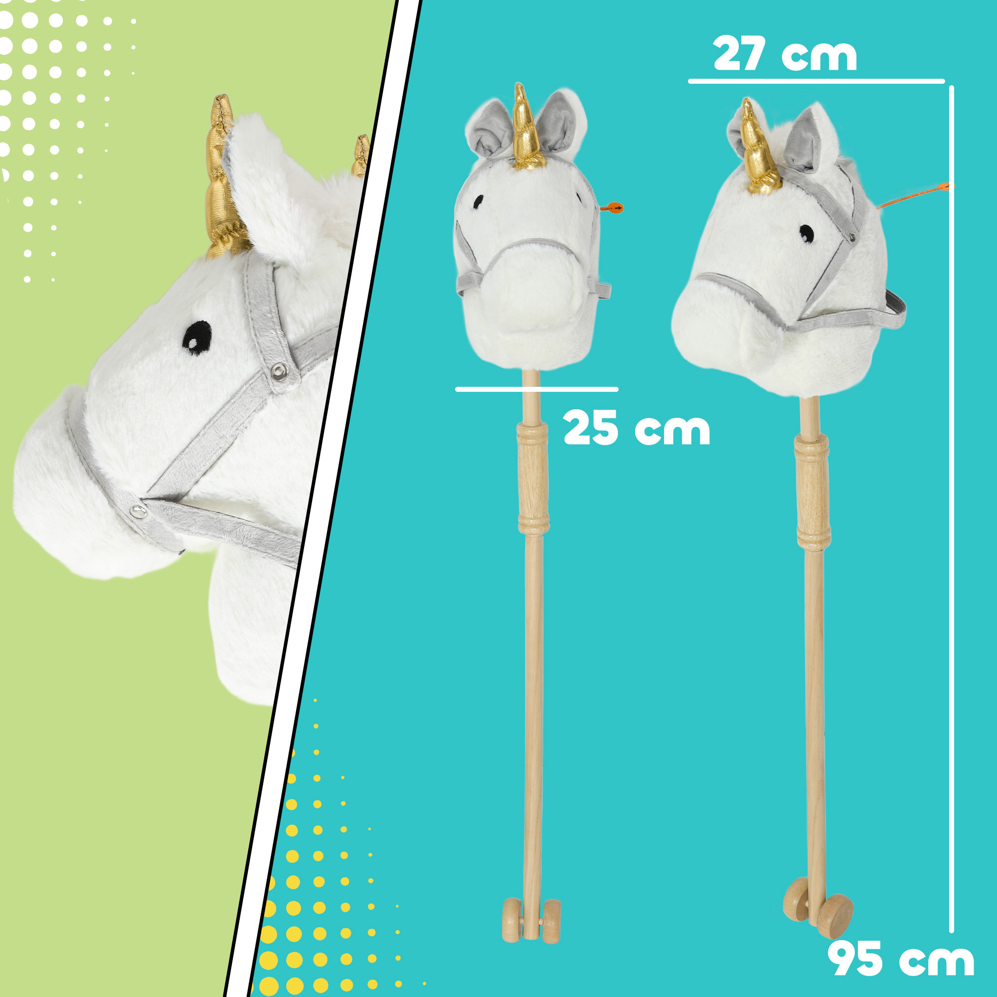 Cabeza de Caballo con Palo de Madera, Diseño Unicornio, Sonidos y Ruedas, Caballo de Juguete, 95 cm de Altura, Blanco