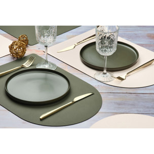 Set de table rectangovale réversible - 6 pièces - Cuir recyclé blanc crème et vert de gris