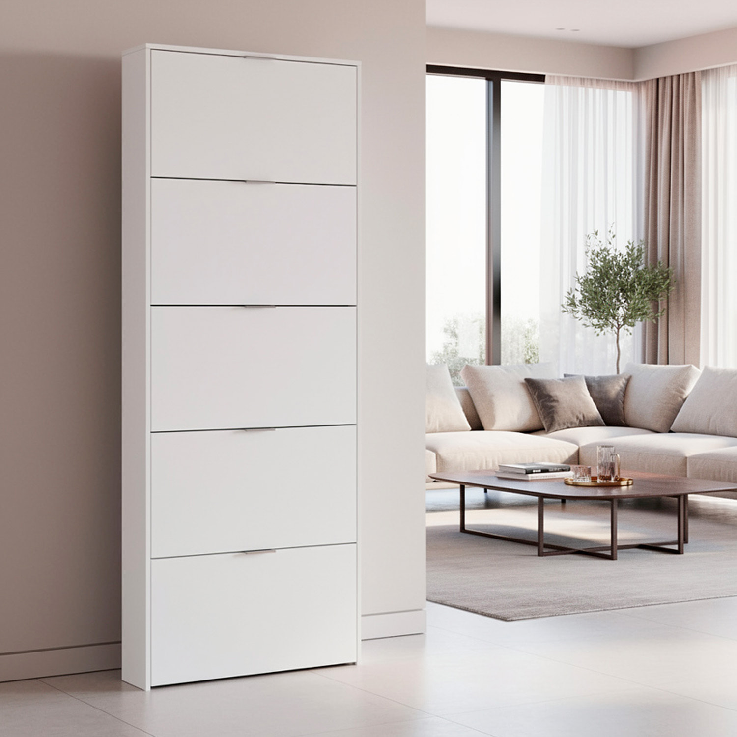 Scarpiera Armadio con 5 Ante Ribaltabili in Legno, Mobile Porta Scarpe Scaffale Mensola Organizzatore per Casa, Ingresso 70×17×180 Cm Bianco Lucido