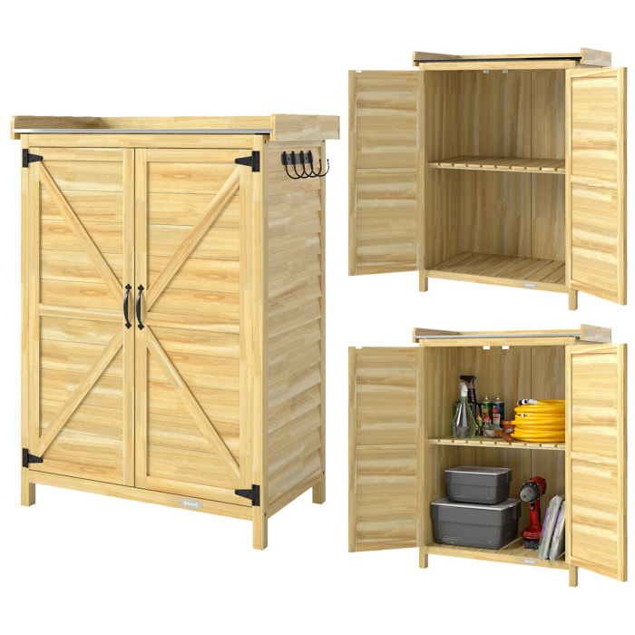 Armario de Exterior de Madera, Caseta de Jardín Exterior con Techo de Metal Galvanizado, Estantes, 2 Puertas, Ganchos, Cobertizo de Jardín para Almacenaje Herramientas, 71,5x39x95 cm, Natural