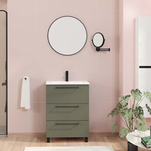 Conjunto de baño Haru | Mueble de baño con patas | 60 cm Verde Musgo| Tres cajones | Lavabo encastrado | No incluye espejo | Alday
