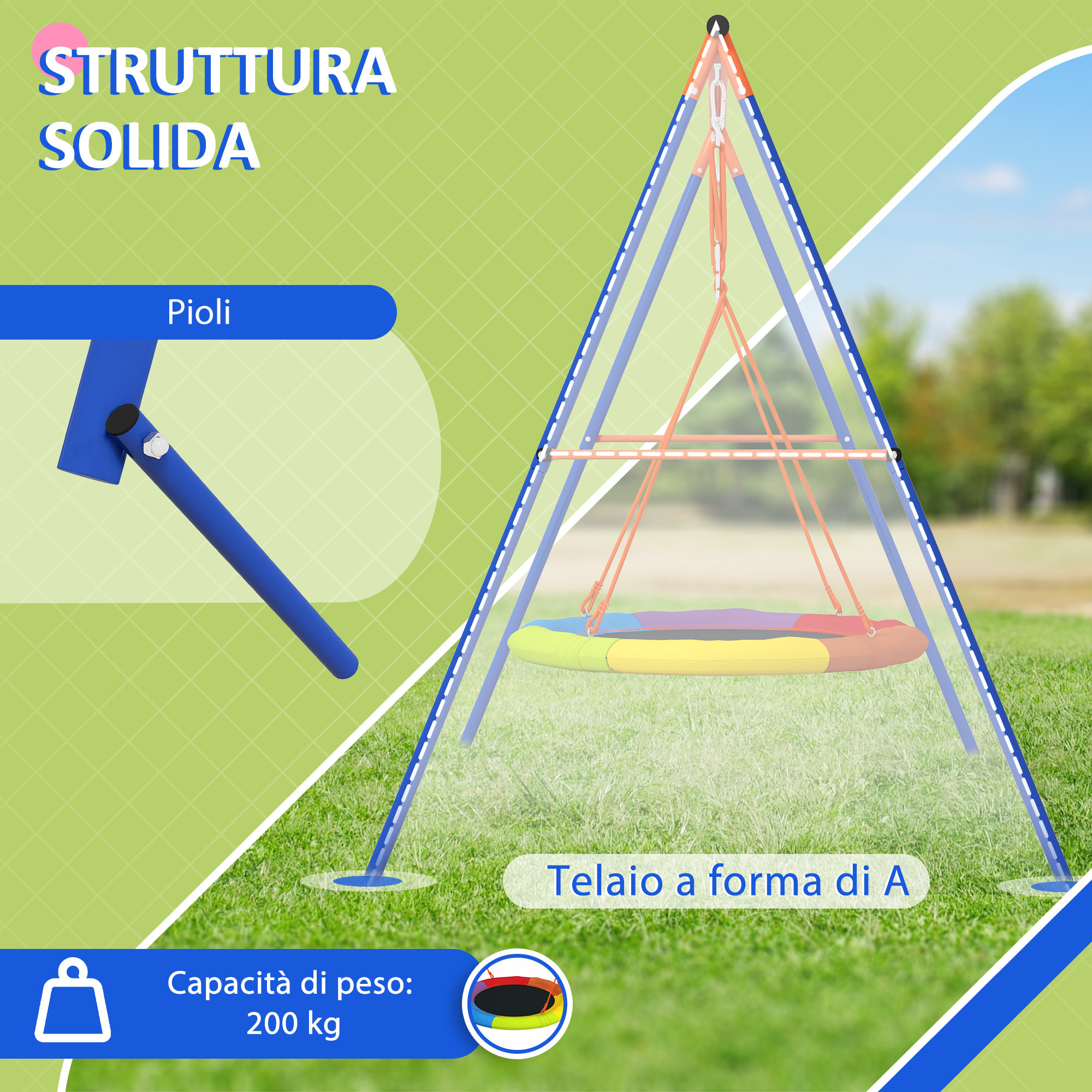 Outsunny Altalena da Giardino a Nido per 1-2 Bambini in Metallo Rinforzato, 196x172x180cm, Multicolore