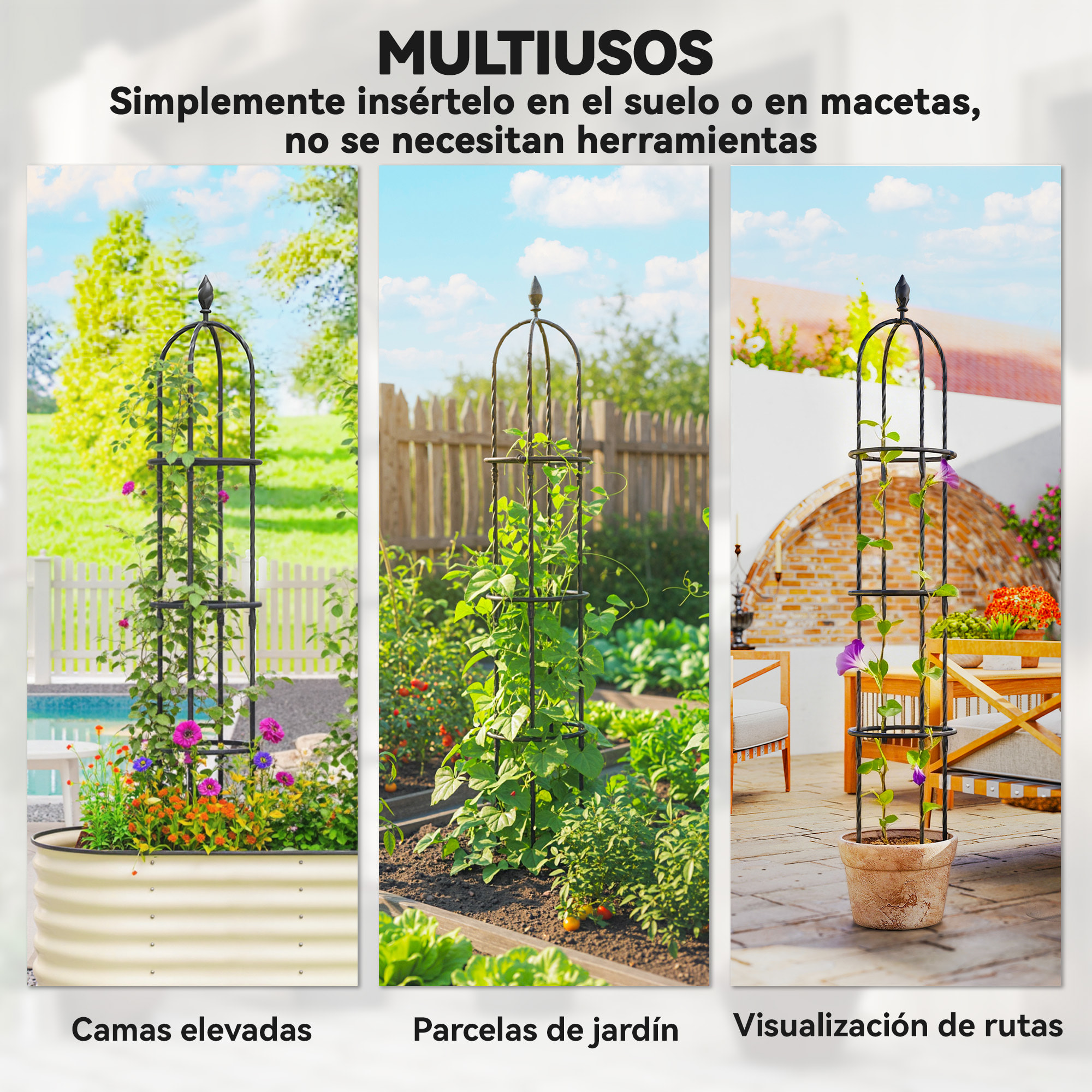 Juego de 2 Obeliscos de Jardín de Acero, 1,74 m, Enrejados para Plantas Trepadoras, Rosas, Frutas, Verduras, Soportes Decorativos para Exterior, Patio, Terraza, Negro