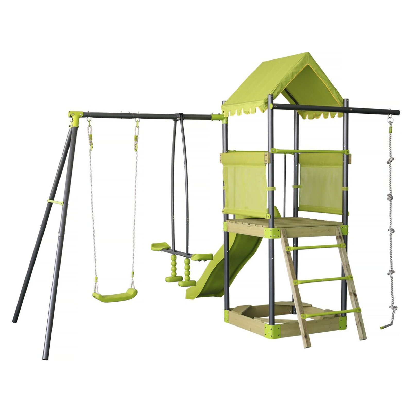 Aire de jeu portique en métal avec toboggan et bac a sable "Sohane"  - Vert