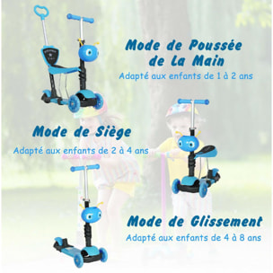 Trottinette pour enfants trottinette 3 roues évolutive 3 en 1 hauteur guidon réglable canne telescopique selle dossier amovible bleu