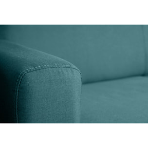 Canapé convertible 3 places en tissu bleu canard et bois clair avec matelas L140 cm 13 cm GRAHAM