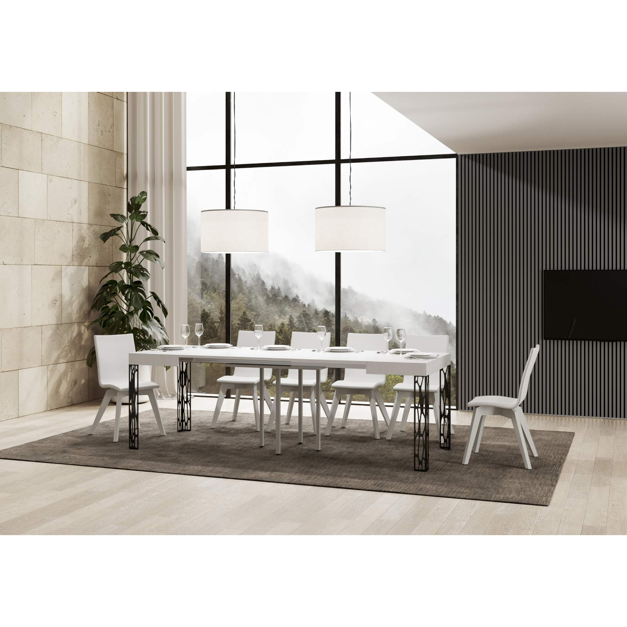 Table Ghibli Extensible Dessus Frêne Blanc 90x90 Allongée 246 cadre Anthracite