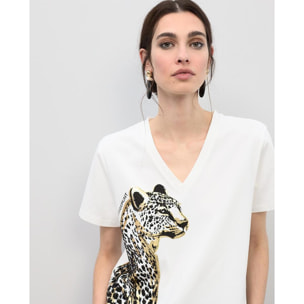 Maglietta con scollo a V con stampa animalier e perline