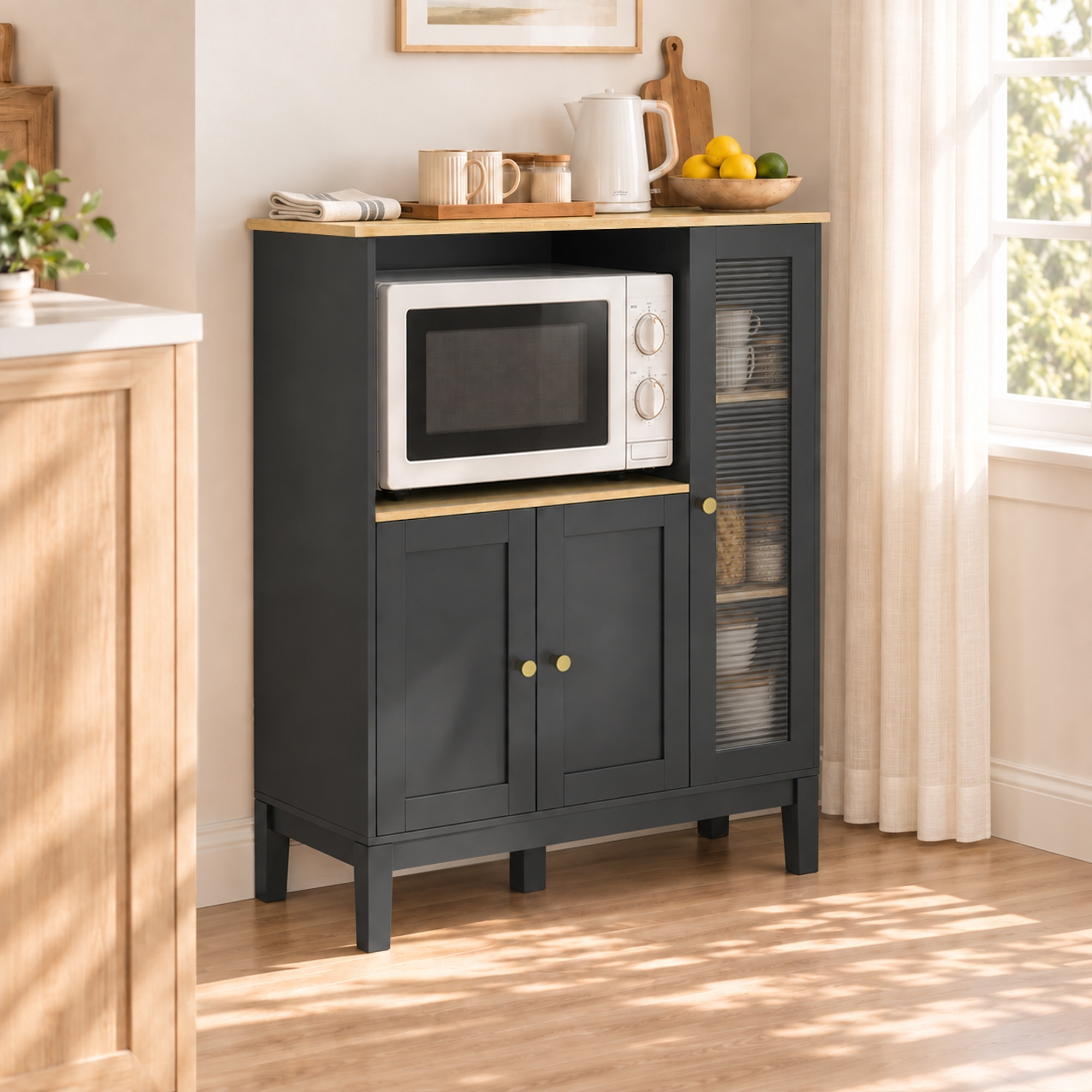 Meuble micro-ondes 3 portes niche verre trempé noir effet bois