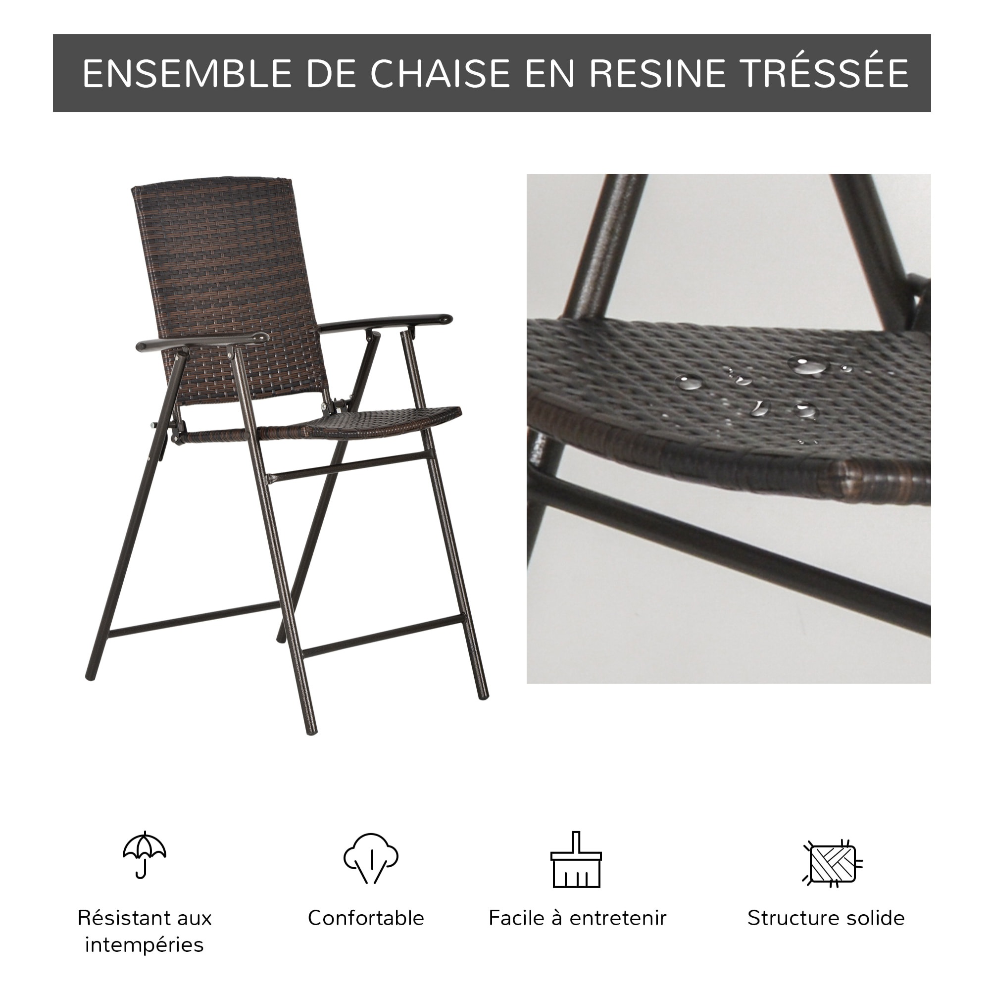 Lot de 4 tabourets de bar pliable style colonial résine tressée chocolat