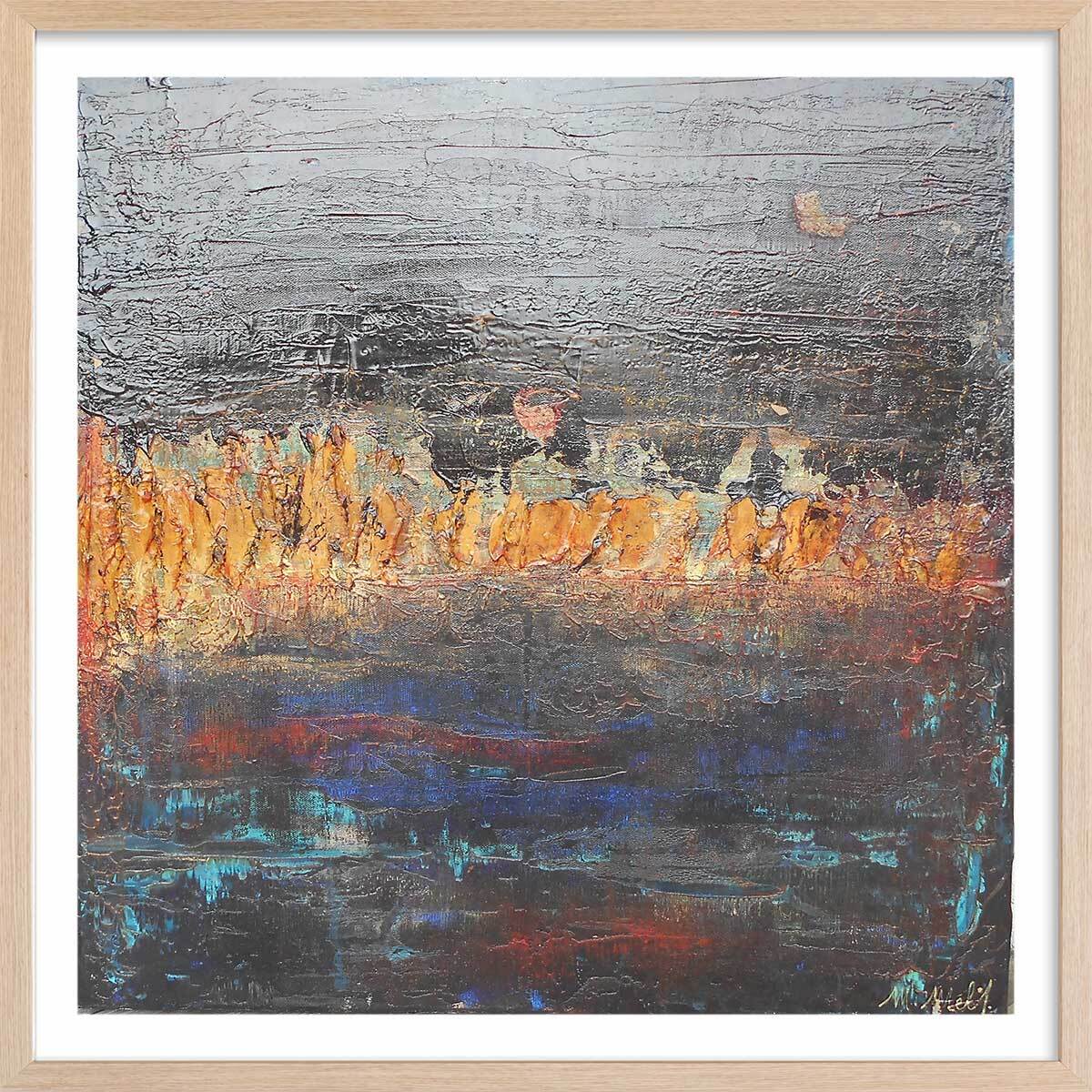 Affiche abstrait gris d'argent Affiche + cadre en bois - Chêne