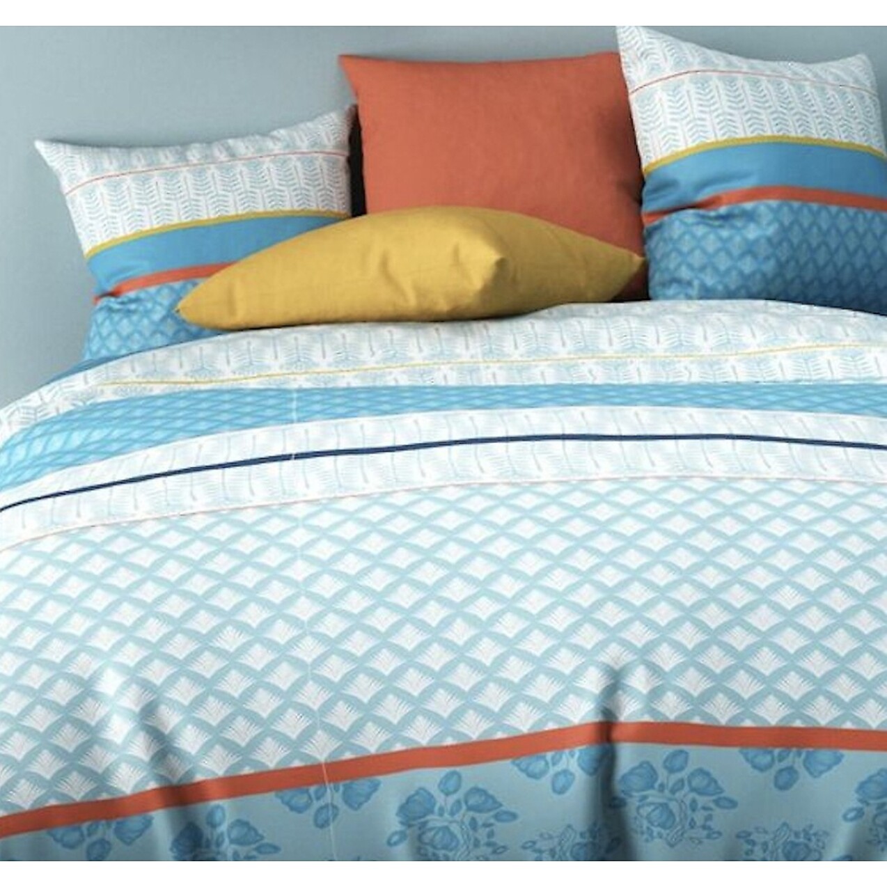 Parure Housse De Couette 3pcs avec Taies oreiller 100% coton 57fils Eva Blue