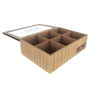 Well home caja de té con 6 compartimentos de diseño bistro en mdf con tapa de cristal 24x16,5x7,5cm