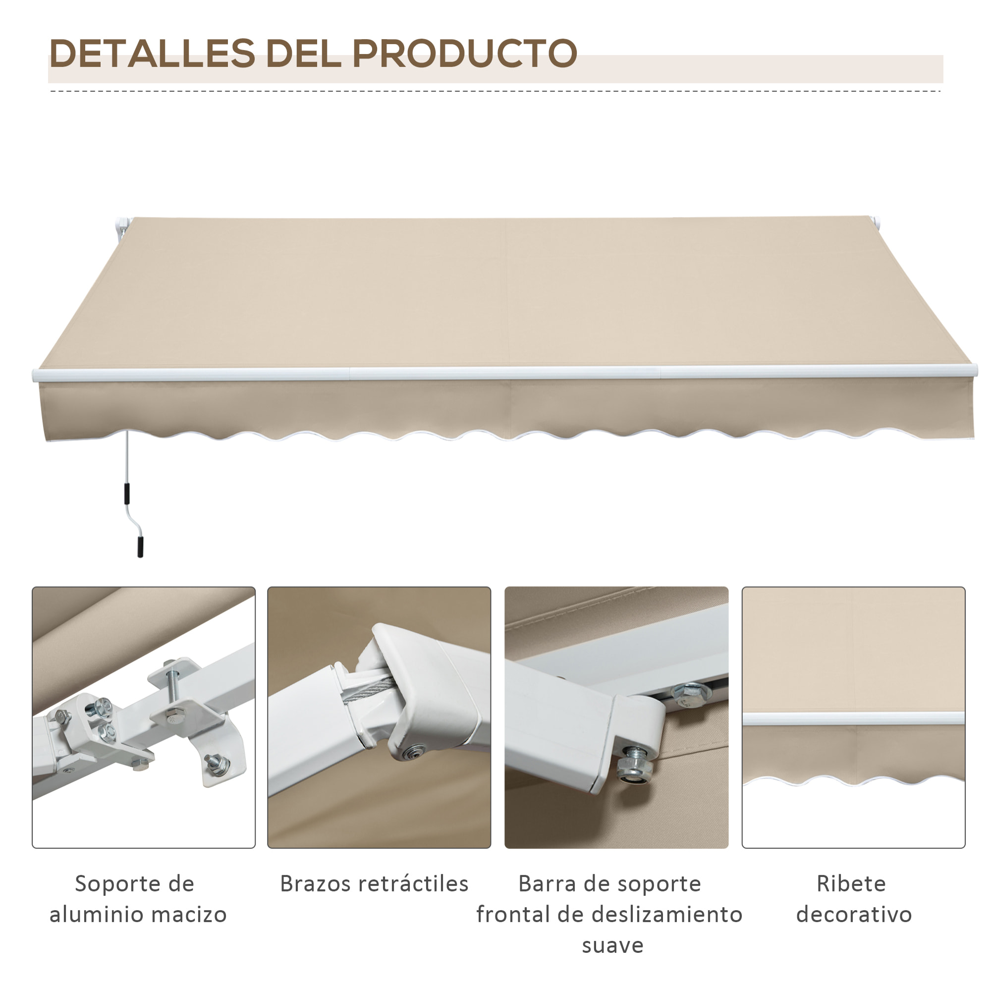 Toldo Manual Retráctil 350x250 cm Toldo para Balcón con Manivela de Metal Impermeable y Anti-UV Toldo Enrollable de Exterior para Jardín Terraza Ventanas Crema