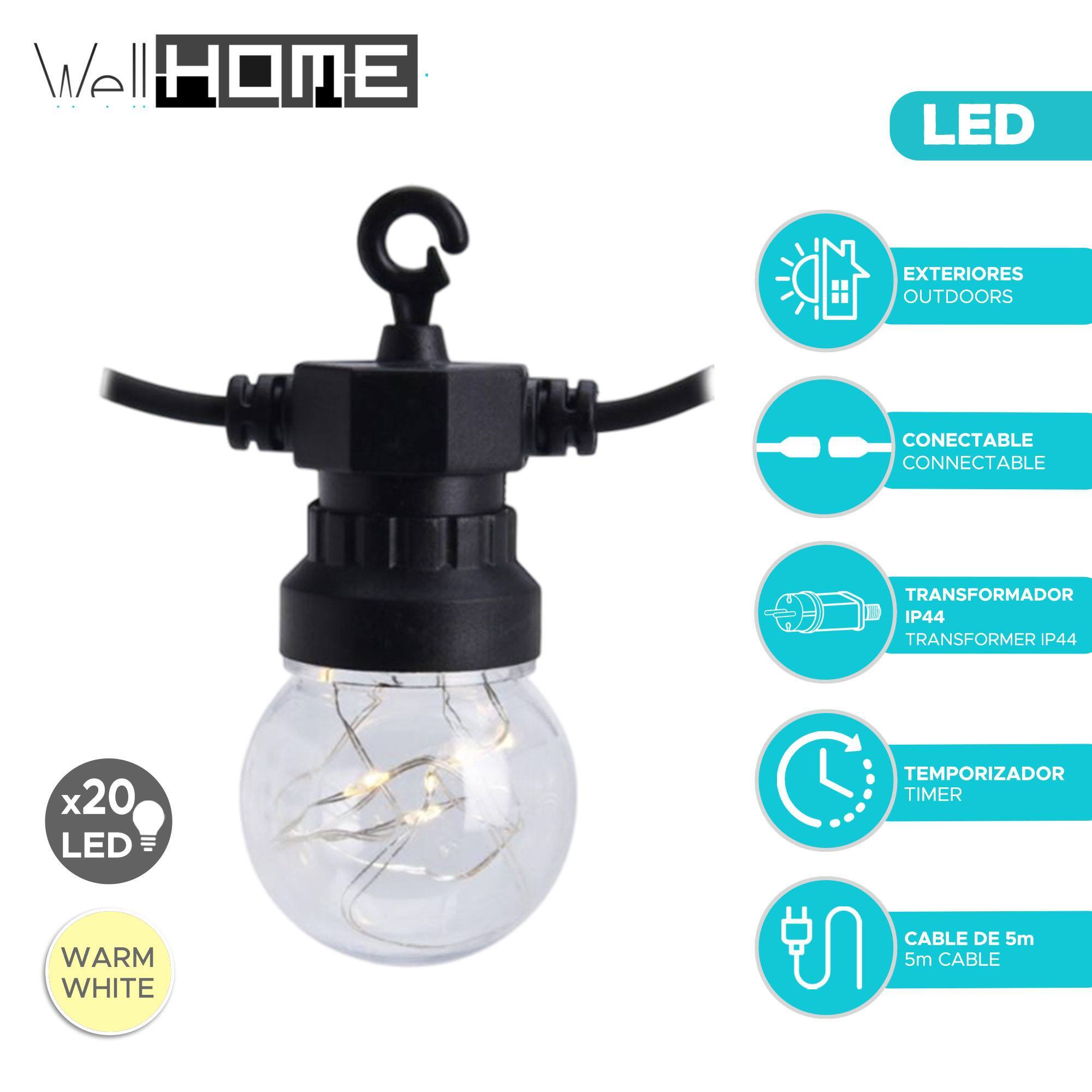 Guirnalda de 20 luces blancas cálidas con temporizador 950cm